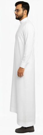 White Plain Arabic Men's Thobe Jubba Saudi Style, Cotton Blend, Regular Fit, Long Sleeve with Chest Pocket, Traditional Islamic Wear - Image 3