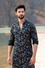 GG Style Mens Traditional Floral Print Cotton Kurta, Navy Blue with Mandala Pattern, Long Sleeve Ethnic Wear - Image 7