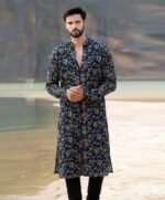 GG Style Mens Traditional Floral Print Cotton Kurta, Navy Blue with Mandala Pattern, Long Sleeve Ethnic Wear - Image 8