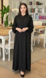 Elegant Dubai Style Abaya, Black Burqa with Mandarin Collar, Button-Down Front, Long Sleeves, Free Size, Traditional Islamic Wear for Women - Image 3