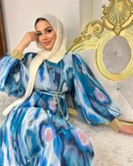 Abaya Women Blue Abstract Print Georgette Abaya with Belt | Modest Full-Length Islamic | Elegant Party, Casual Without Dupatta - Image 3