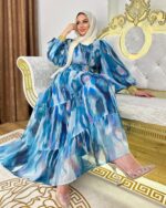 Abaya Women Blue Abstract Print Georgette Abaya with Belt | Modest Full-Length Islamic | Elegant Party, Casual Without Dupatta - Image 4