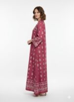 Women's Maxi Dress, Pink and White Graphic Print, Long Sleeve, Collared Shirt Style, Modest Islamic Abaya(Pink and White) - Image 3