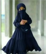 Traditional Navy Blue Girls Prayer Dress with Hijab, Long Sleeve Islamic Abaya, Modest Tiered Maxi Dress - Image 5