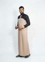 Men's Traditional Saudi Style Thobe Jubba, Light Brown and Black Two-Tone Design, Full Sleeve Islamic Dress with Chest Pocket, Wedding and Formal Wear skin colour - Image 4