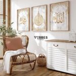 VIBBES Islamic Wall Art Set of 3, Allah Mohammad Ayatal Kursi Calligraphy Prints, Gold and White Marble Design, Wooden Frame - Image 3
