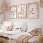 VIBBES Islamic Wall Art Set of 3, Allah Mohammad Ayatal Kursi Calligraphy Prints, Gold and White Marble Design, Wooden Frame - Image 4