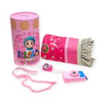 Eid Mubarak Gift Hamper for Girls, Islamic Prayer Set with Praying Rug, Tasbeehs, Money Bank, Toy Camera, Paper Bag, Ages 2-8 Years, Pink| Customize with Name - Image 3