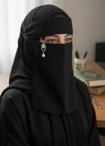 Black Chiffon Naqab for Women with Pearl Brooch, Soft Breathable Islamic Face Cover for Hijab, Abaya & Burqa - Image 3