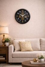 AmeraKart 10 Inch Islamic Round Wall Clock with Ayatul Kursi & Kaaba Design | Arabic Calligraphy Design for Home, Office & Prayer Room (Black & Gold) (Black) - Image 3