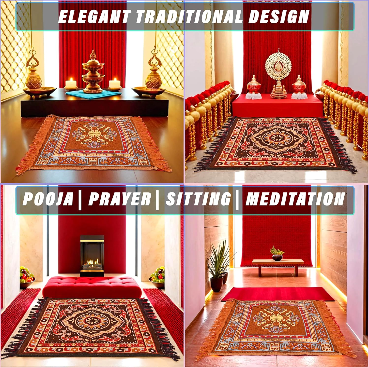 Kuber Industries (Set of 4) Traditional Asana for Puja - Soft Velvet Aasan for Pooja | Prayer | Sitting | Meditation - Small Carpet Mat Rug for Floor - Brown & Gold Color - Image 5