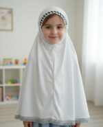 Girls Prayer Hijab, White, Decorative Headband Detail, Fringed Hem, Full Coverage, Kids Islamic Wear - Image 3