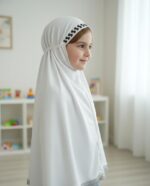 Girls Prayer Hijab, White, Decorative Headband Detail, Fringed Hem, Full Coverage, Kids Islamic Wear - Image 4