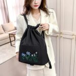 MYHEART Waterproof Drawstring Gym Backpack Embroidery Lightweight Oxford Shoulders Bag Travel Bag for Women (BLACK) - Image 3