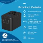 Ceptics Universal Charger Adapter, 35W 6 in 1 International Travel Adapter, Universal Plug Socket with 10 Years Warranty, PD/QC 3.0, 1x USB-C, 3 USB Fast Charging, Worldwide Travel Adapters., Black - Image 4