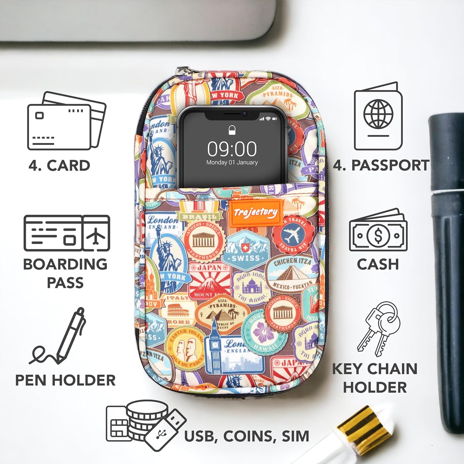 Trajectory Travel Polyester Passport and Card Holder and Wallet Organiser Case for Daily Use and International Trip for Men's and Women's (Monument), Multicolor - Image 3