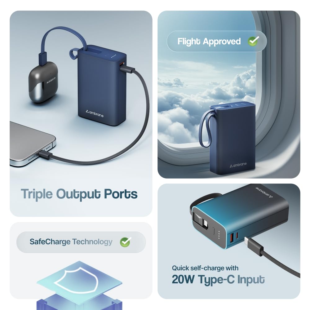 Ambrane 20000mAh Small Pocket Size Powerbank, Hanging InBuilt Type C Cable, 22.5W Fast Charging, Type C PD & USB Output for iPhone, Android Mobiles & Other Devices (MiniCharge 20, Black-Grey) - Image 7