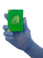 Green Velvet Mini Qur'an with golden brass cutout and fancy box - Image 3