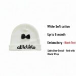 Newborn Baby Beanie Hat, White Soft Cotton with Black Mashallah Arabic Embroidery and Satin Bow Detail, Islamic Infant Gift, Fits up to 6 Months - Image 3