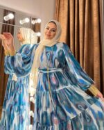 Abaya Women Blue Abstract Print Georgette Abaya with Belt | Modest Full-Length Islamic | Elegant Party, Casual Without Dupatta - Image 2