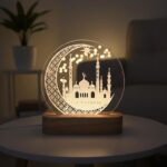 Eid Ramadan Kareem Mubarak LED Table Lamp – Islamic Decorative Night Light with Wooden Base & Acrylic Panel, Warm Yellow USB Lamp for Ramazan Eid Gift, Home Office Decor (Eid Lamp 8) - Image 2