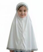 Girls Prayer Hijab, White, Decorative Headband Detail, Fringed Hem, Full Coverage, Kids Islamic Wear - Image 2