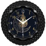 Islamic Wall Clock with Arabic Calligraphy, 22 cm Round, Black Frame with Gold Design, Navy Blue Dial - Image 2
