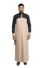 Men's Traditional Saudi Style Thobe Jubba, Light Brown and Black Two-Tone Design, Full Sleeve Islamic Dress with Chest Pocket, Wedding and Formal Wear skin colour - Image 2