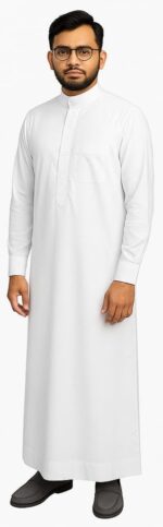 White Plain Arabic Men's Thobe Jubba Saudi Style, Cotton Blend, Regular Fit, Long Sleeve with Chest Pocket, Traditional Islamic Wear - Image 2