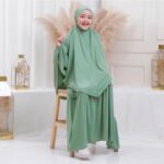 Kids/Children/Girls Abaya/Burqa with Bottom Chunat – Beautiful Self-Design Olive Green Crepe Islamic Abaya - Image 3