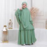 Kids/Children/Girls Abaya/Burqa with Bottom Chunat – Beautiful Self-Design Olive Green Crepe Islamic Abaya - Image 4