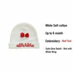 Newborn Baby Beanie Hat, White Soft Cotton with Red Mashallah Arabic Embroidery and Satin Bow Detail, Islamic Infant Gift, Fits up to 6 Months - Image 3