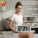 Large Digital Wall Clock 14 Inch - Battery Operated (No Wires), Big Display with Alarms, Day & Date (Indian Format), Room Temperature -Plastic,White - Image 6