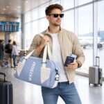 Wazdorf Nylon Travel Duffel Bag for Men & Women, Lightweight Waterproof Weekender with Shoe Compartment, Wet Dry Pocket, Luggage Strap, Phone Holder, Gym Bag for Men, Fitness, Yoga (Blue) - Image 5