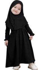 Girls Islamic Abaya Set with Hijab, Navy Blue, Traditional Muslim Prayer Dress, Long Sleeve Full Length Modest Clothing (black, 4-5 year) - Image 3