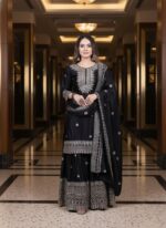 Women Chinon Printed Embroidery Work Round Neck 3/4 Sleeve Straight Regularfit Kurti and Sharara with Dupatta Set - Image 3
