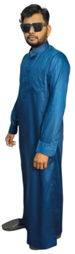 Men's Traditional Saudi Style Thobe, Dark Blue Cotton Full Length Kurta, Round Neck, Full Sleeve, Regular Fit, Casual Islamic Wear - Image 3