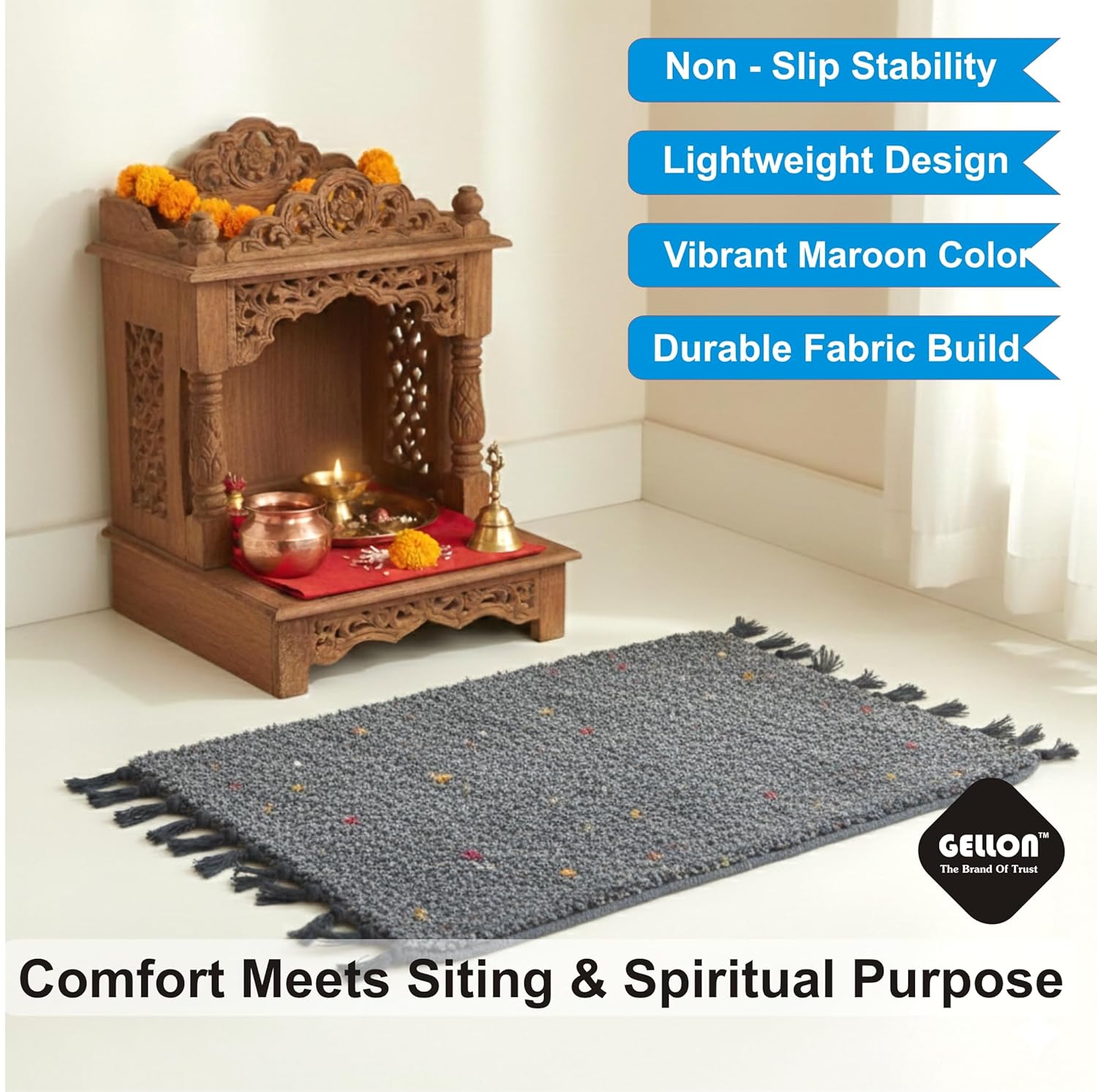 Gellon Traditional Cotton Small Carpet, Door Mat, Floor Mat, Asan for Prayer, Sitting, Meditation, Small Carpet Mat Rug for Floor in 18 x26 Inch in Gray Color (Dark Gray) - Image 5