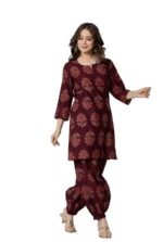 rytras Women's Pure Cotton Printed Straight Kurta Set with Palazzo Pants - Ethnic Wear, Maroon - Image 4