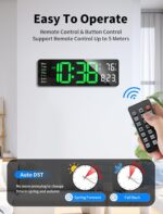 Digital Wall Clock, 16 Digital Clock Large Display, Dual Alarms, Automatic Brightness Dimmer- Easy Track The Time, Date, Day of Week and Temperature, with Remote Control, Plastic, Green - Image 4