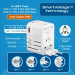 Ceptics TravelAdapter 4 in 1 65W Universal Travel Adapter with Type C - India to International Travel Adapter Plug Socket, 1 x USB, 2 x USB-C (3.1A) Fast Charging, 10 Years Warranty - White - Image 4
