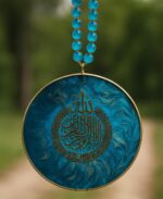 Handmade Car hanging/Wall Art Hanging Decor, Turquoise Blue Resin Medallion with Arabic Calligraphy, Gold Frame with Beaded Chain - Image 3
