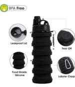 Foldable Silicone Water Bottle - Black | Collapsible Leakproof Travel Bottle for Gym Office School | Portable Lightweight Reusable Bottle for Cycling Hiking Camping Outdoor Sports Use Gear | 600 ml - Image 3