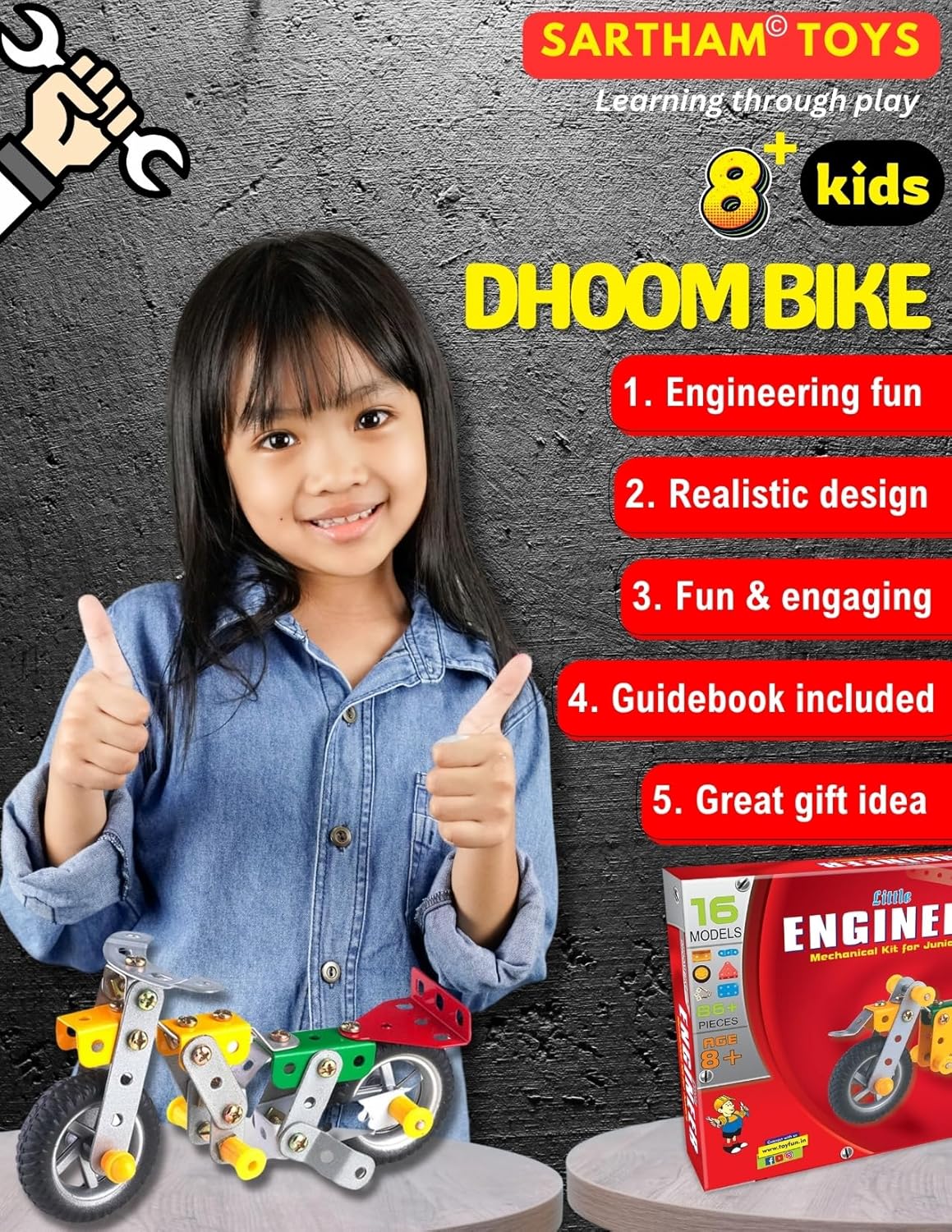 SARTHAM Dhoom Bike for Age 8+ Kids | Metal, Engineering and Construction Based Educational Toy for Kids | Puzzle and Assembling Toy for 8+ Year Old | Gift for 8+ Year Old boy | Multicolor - Image 3
