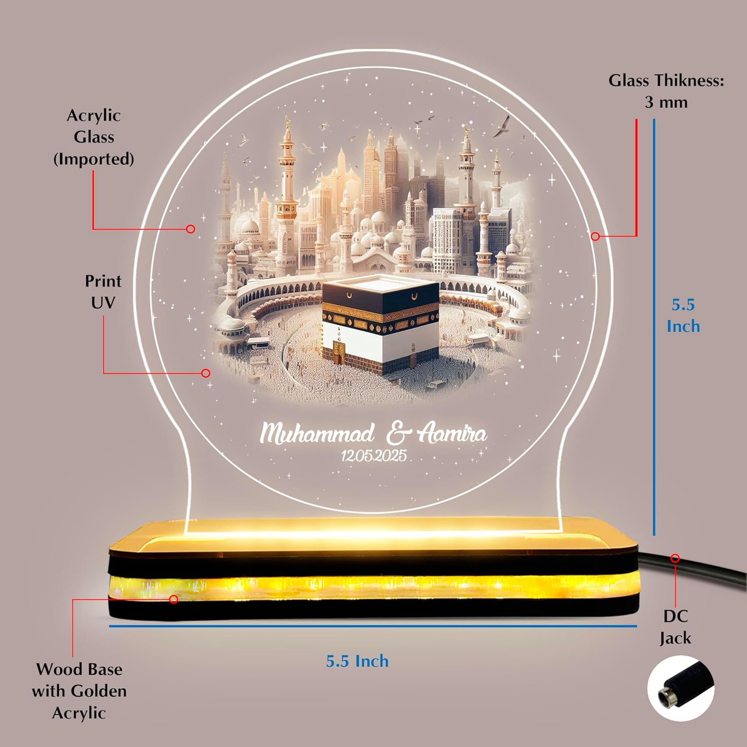 Personalized Hajj Mubarak Acrylic Plaque LED Lamp | Islamic Gift with Name | Customized Lamp for Hajj Return, Umrah, or Eid | Unique Gift for Hajj Completion or Homecoming (5.5x5x5 Inch) - Image 5