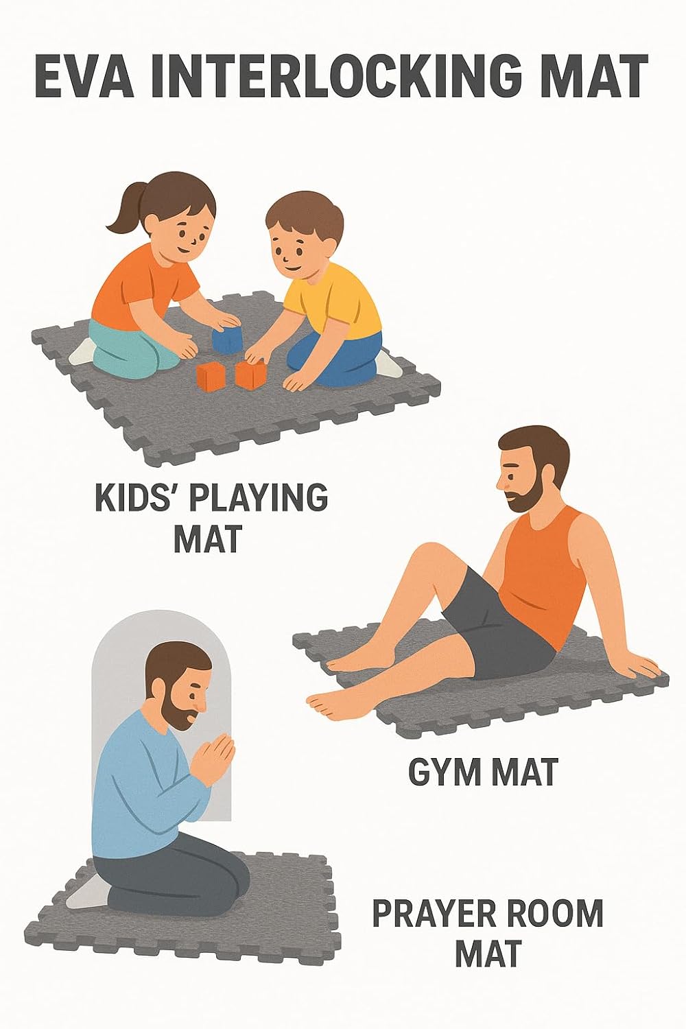 EVA Interlocking Mat for Kids Play, Gym Exercise, and Prayer Room | Soft Cushion, Water Resistant, Non-Slip & Easy to Carry Multipurpose Foam Flooring 10 Tiles Gray Color - Image 4