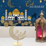 Cliths 1Pcs Eid Mubarak Wooden Crescent Moon Table Decor with Arabic Calligraphy Islamic Ramadan Eid al-Fitr Festive Centerpiece 25.9 x 9.3CM - Image 5