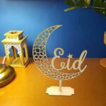 Cliths 1Pcs Eid Mubarak Wooden Crescent Moon Table Decor with Arabic Calligraphy Islamic Ramadan Eid al-Fitr Festive Centerpiece 25.9 x 9.3CM - Image 6