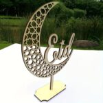 Cliths 1Pcs Eid Mubarak Wooden Crescent Moon Table Decor with Arabic Calligraphy Islamic Ramadan Eid al-Fitr Festive Centerpiece 25.9 x 9.3CM - Image 7