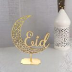 Cliths 1Pcs Eid Mubarak Wooden Crescent Moon Table Decor with Arabic Calligraphy Islamic Ramadan Eid al-Fitr Festive Centerpiece 25.9 x 9.3CM - Image 8